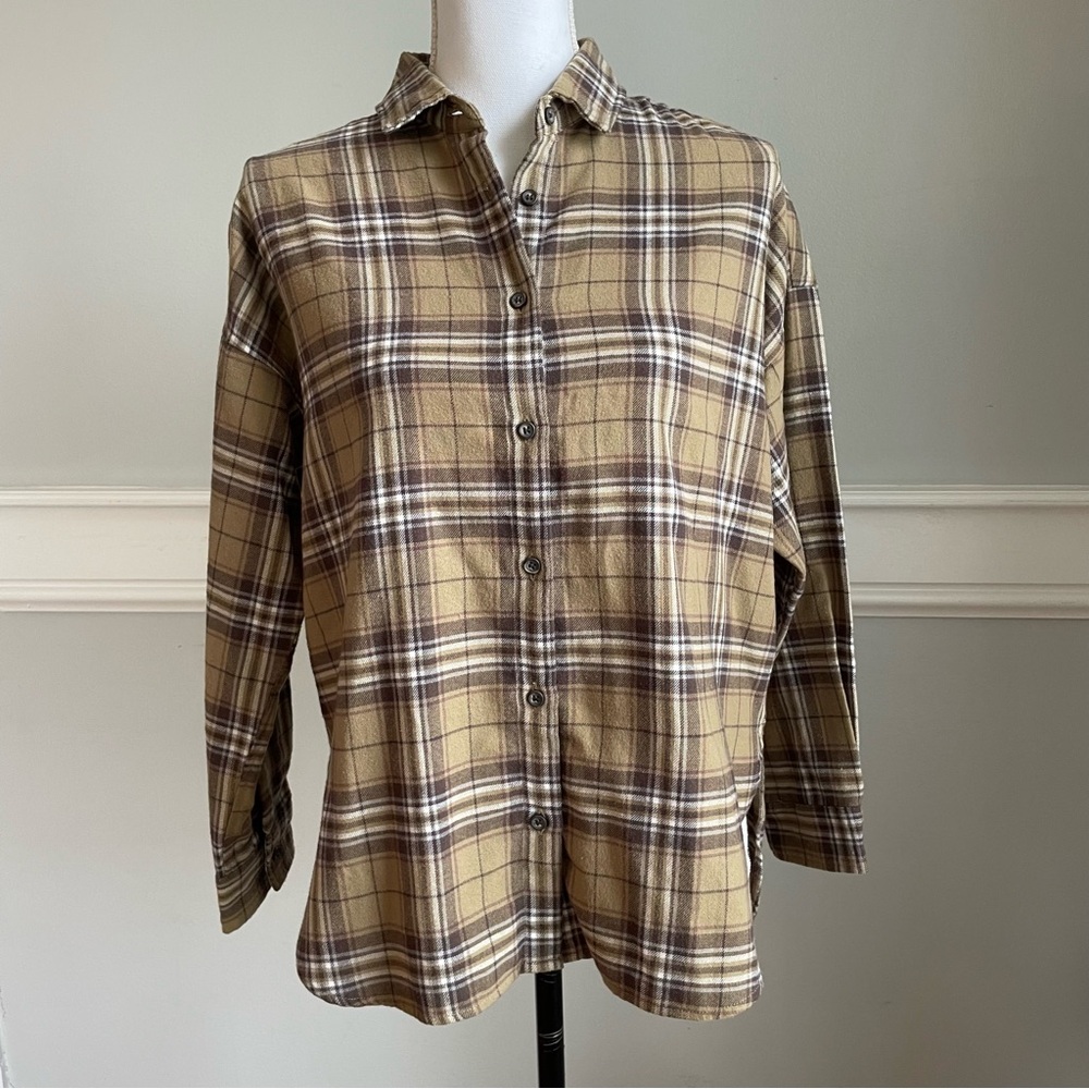 Earth Music & Ecology Brown Plaid Flannel Shirt Size F Hi-Low Hem Split Japan